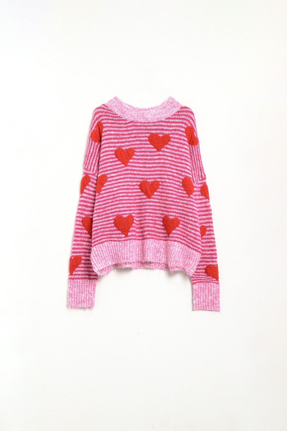 pink striped Sweater with hearts in red color