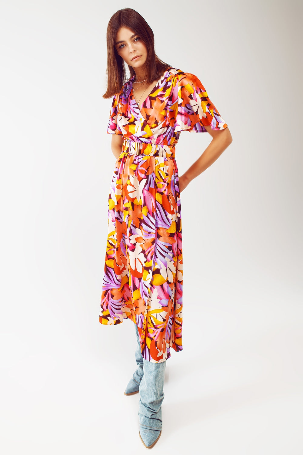 Pleated Maxi V Neck Dress in Multicolour