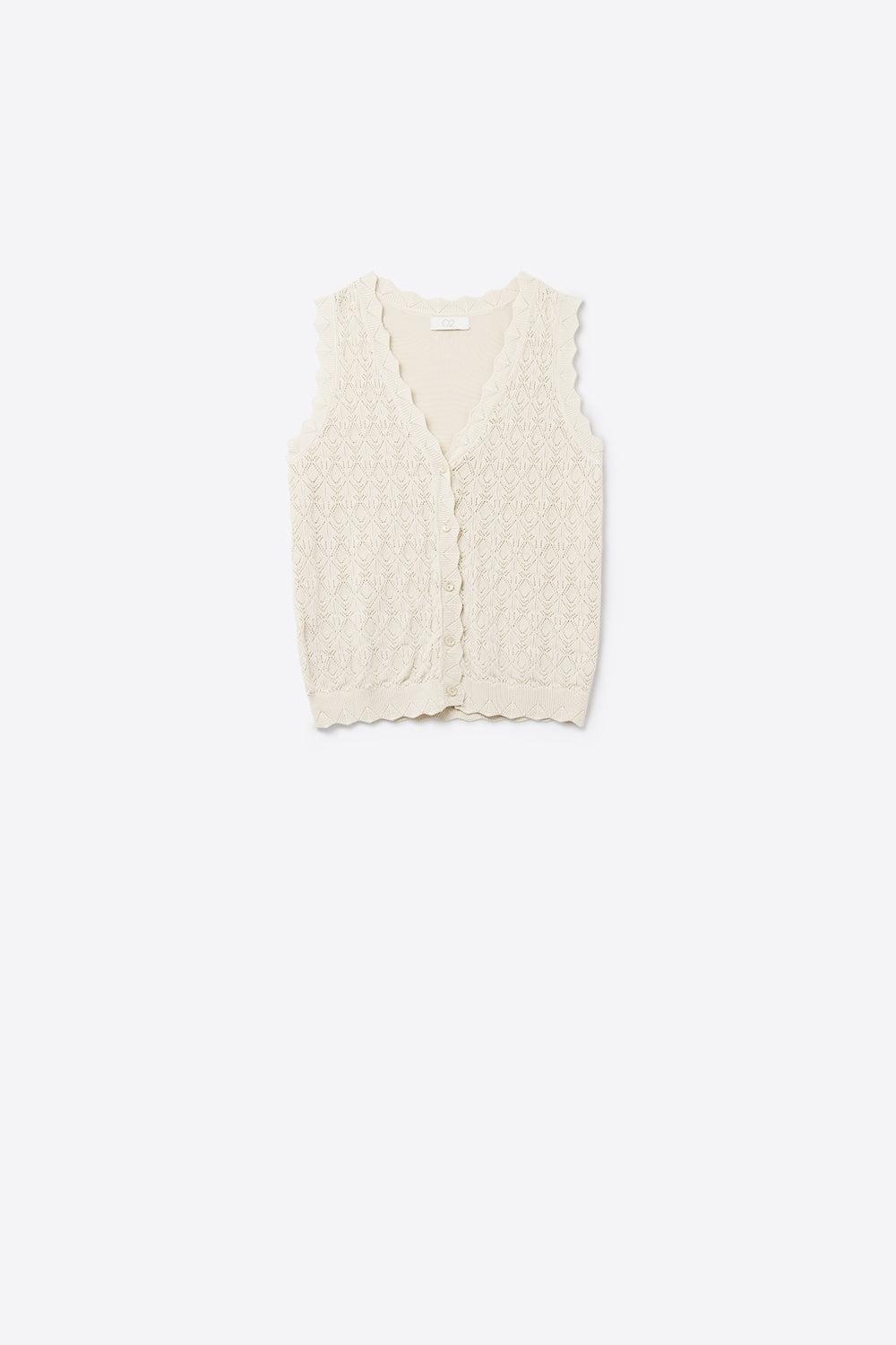 Pointelle Knitted Vest With Scalloped Edges in Beige