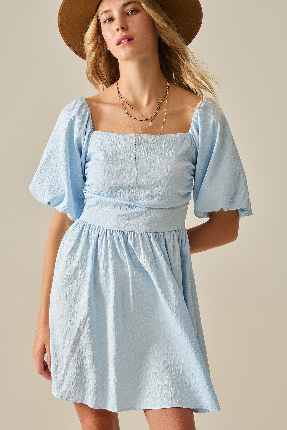 Puff Sleeve Textured Mini Dress in Light Blue