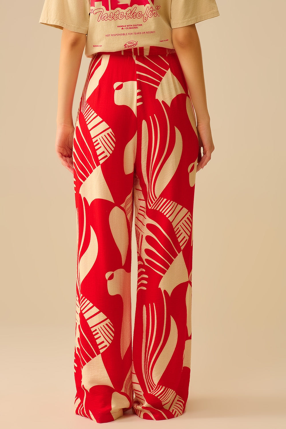 Red abstract print wide-leg trousers