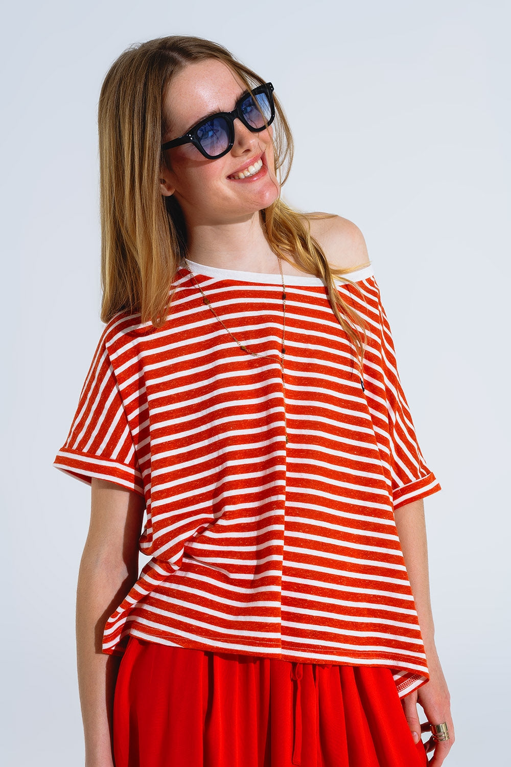 red striped boat neck t-shirt with embroidered heart