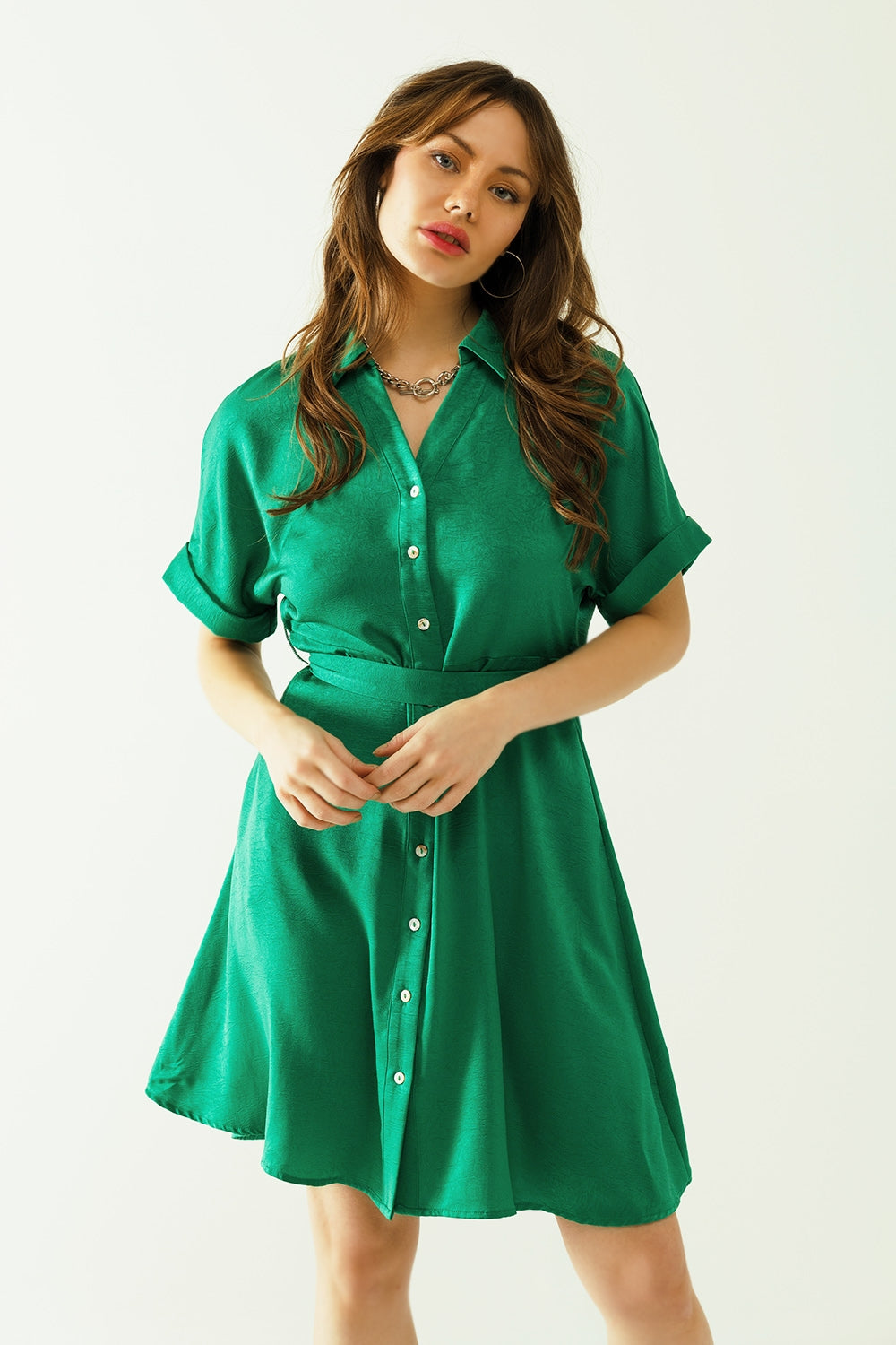 Relaxed belted mini dress with button placked down the front in green Secrets of Fashion Relaxed belted mini dress with button placked down the front in green Secrets of Fashion