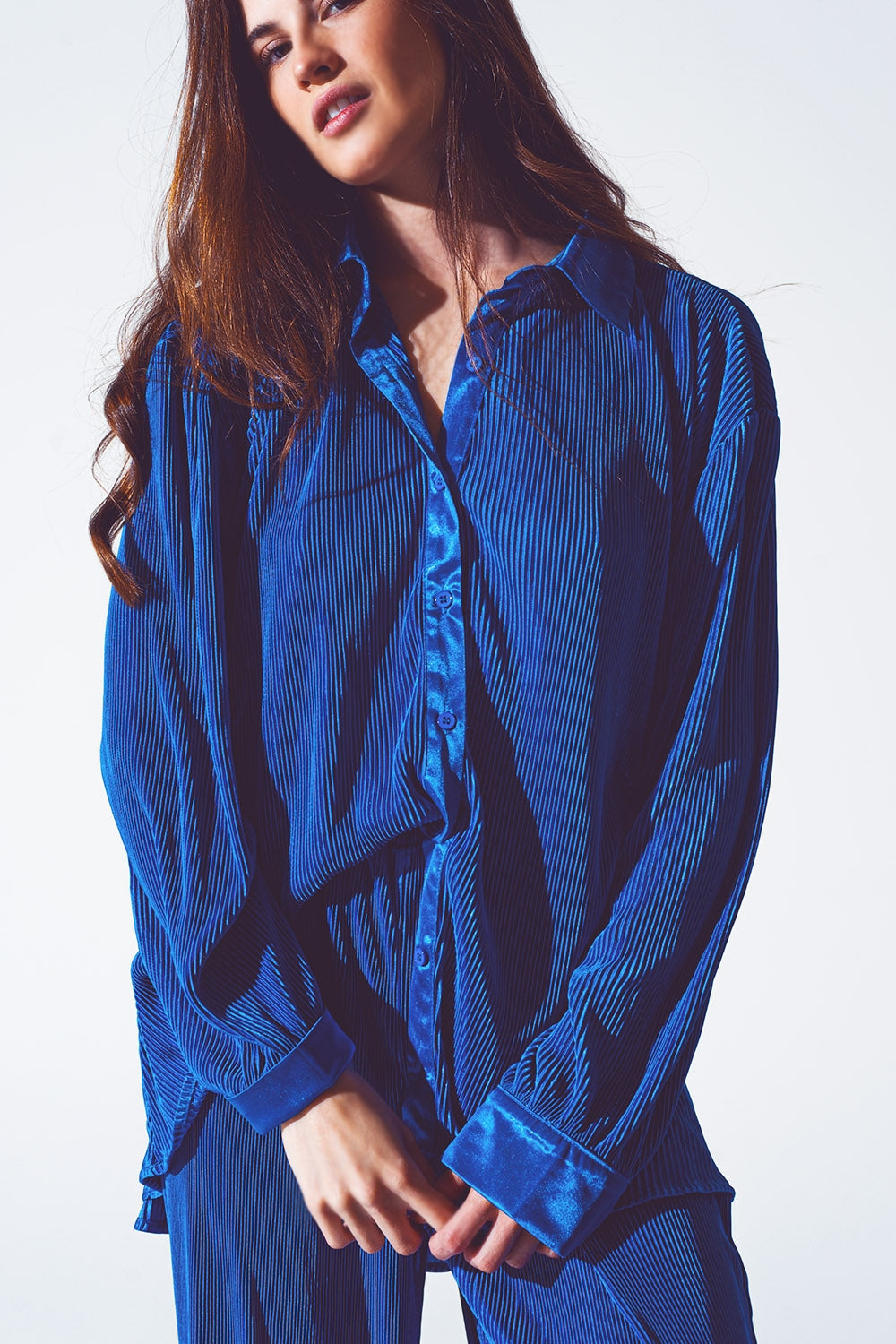 Relaxed Pleated Satin Shirt in Blue