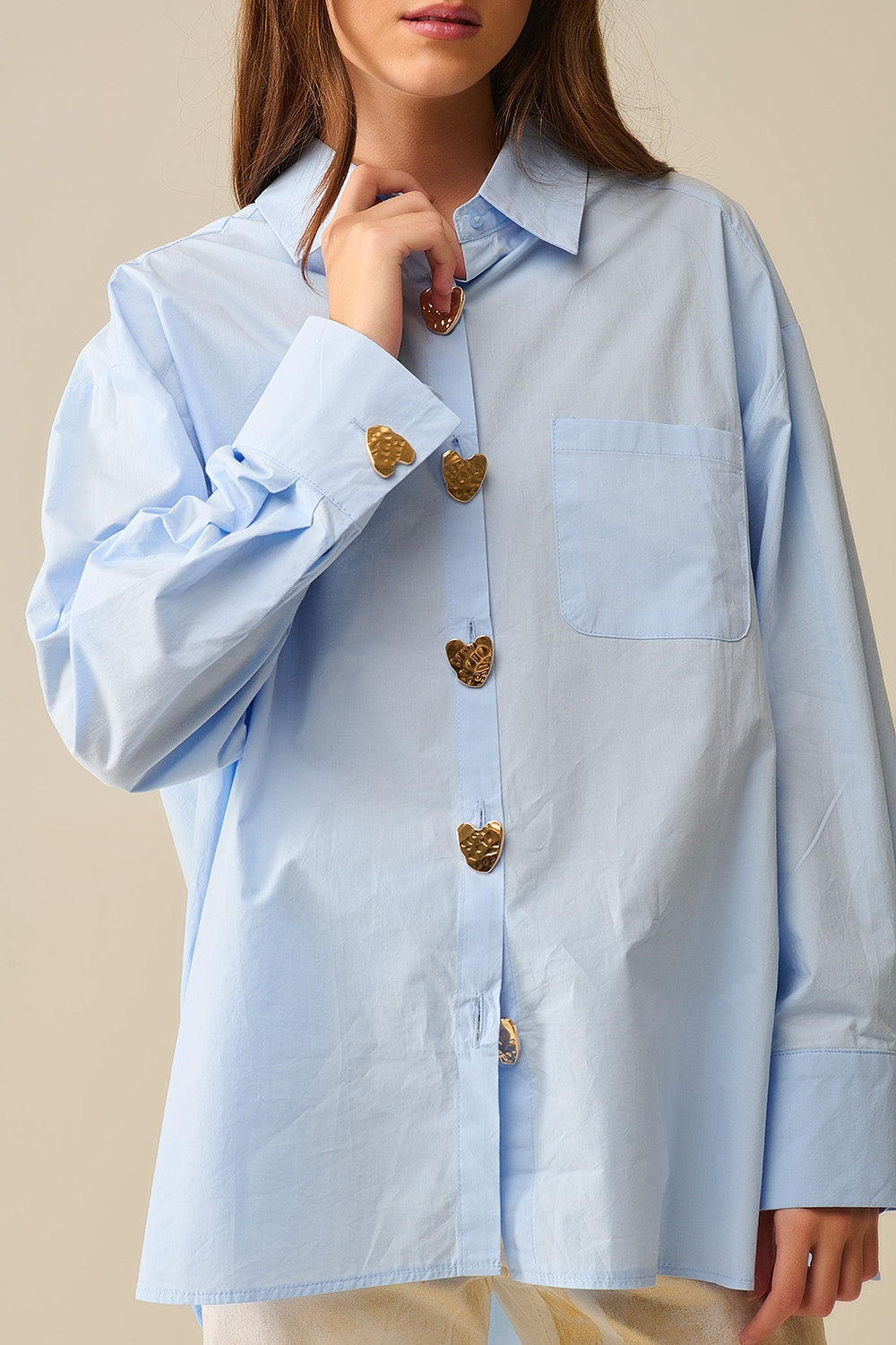 Relaxed Poplin Shirt With Gold Heart Buttons in Baby Blue