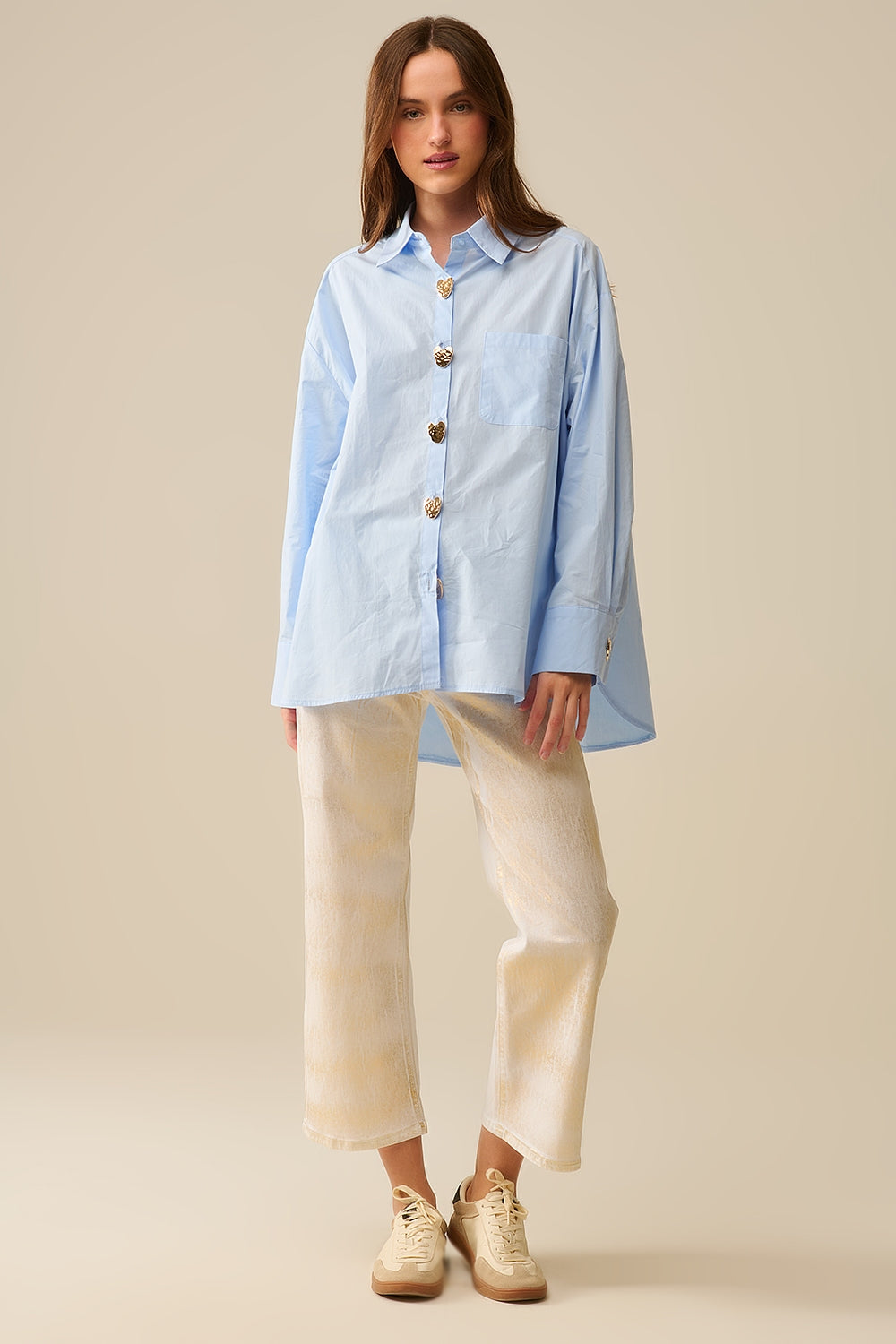 Relaxed Poplin Shirt With Gold Heart Buttons in Baby Blue