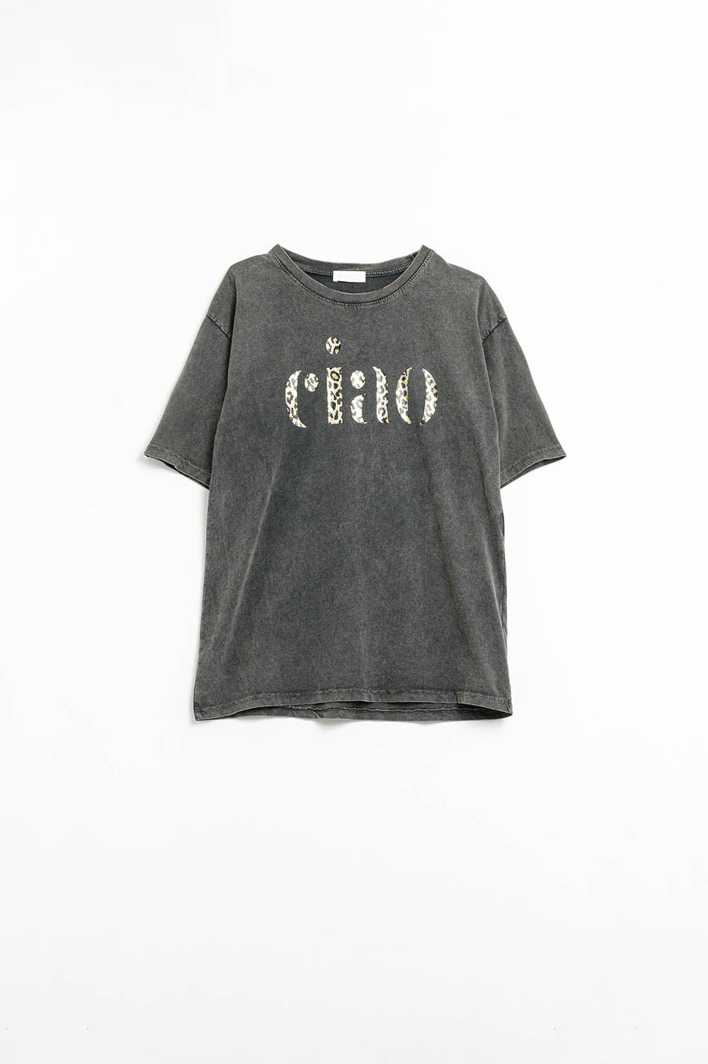 relaxed stonewashed Black T-shirt With Ciao in Leopard Print
