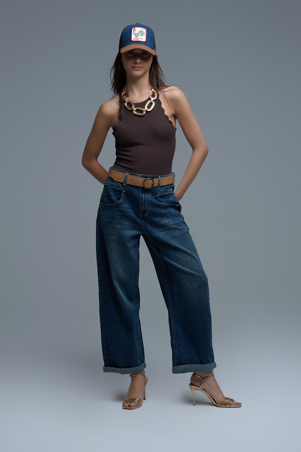 Ribbed Halter Top With Scalloped Finish in brown