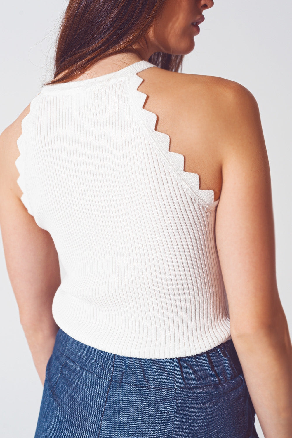 Ribbed Halter Top With Scalloped Finish in White