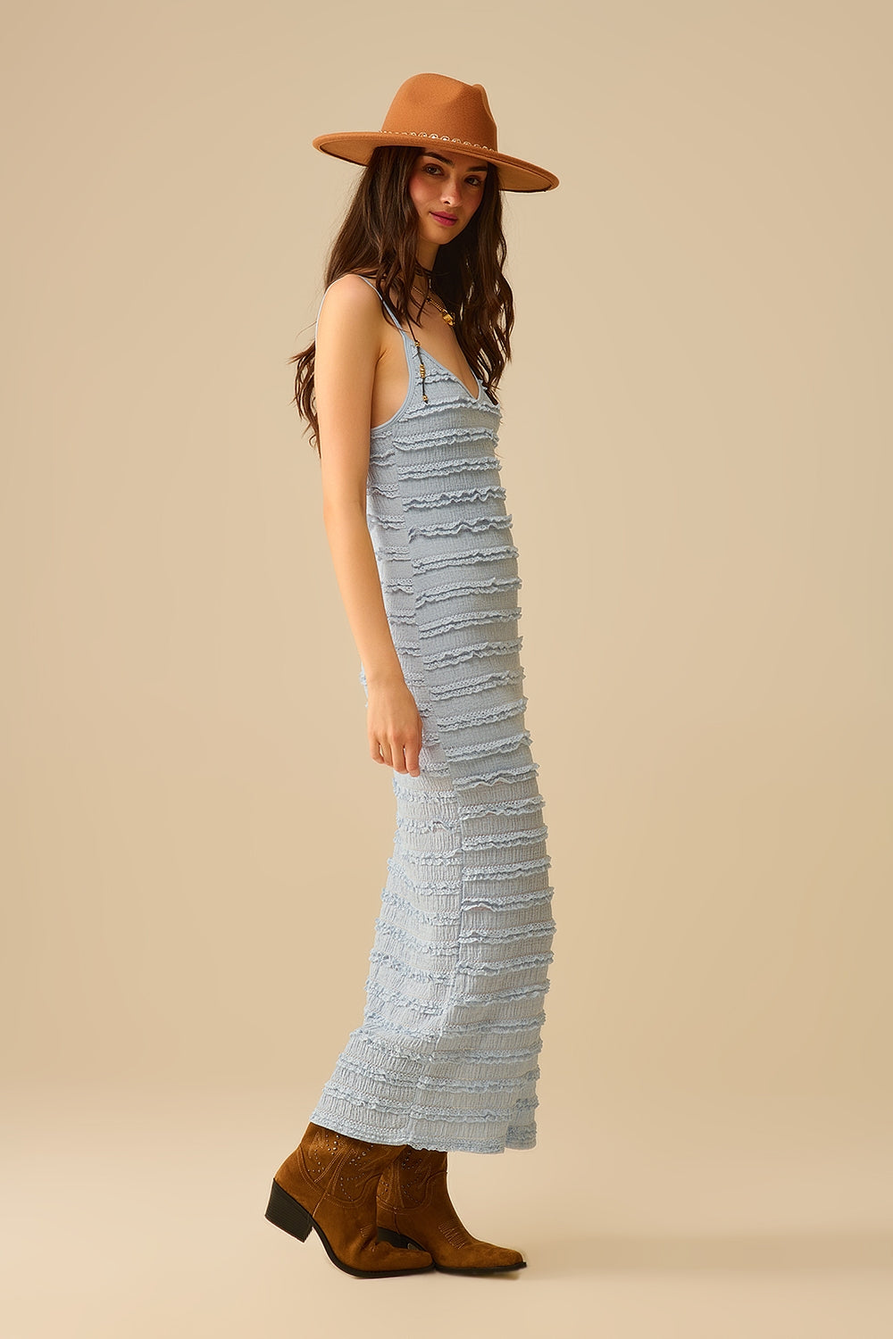 Ruffle Maxi Dress With Slit in blue color