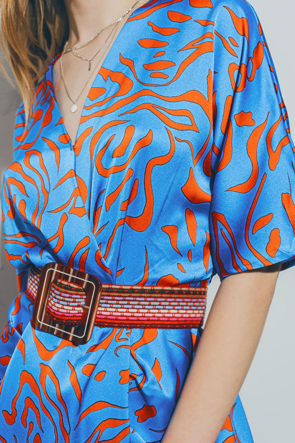 Satin V Neck Midi Dress in Blue