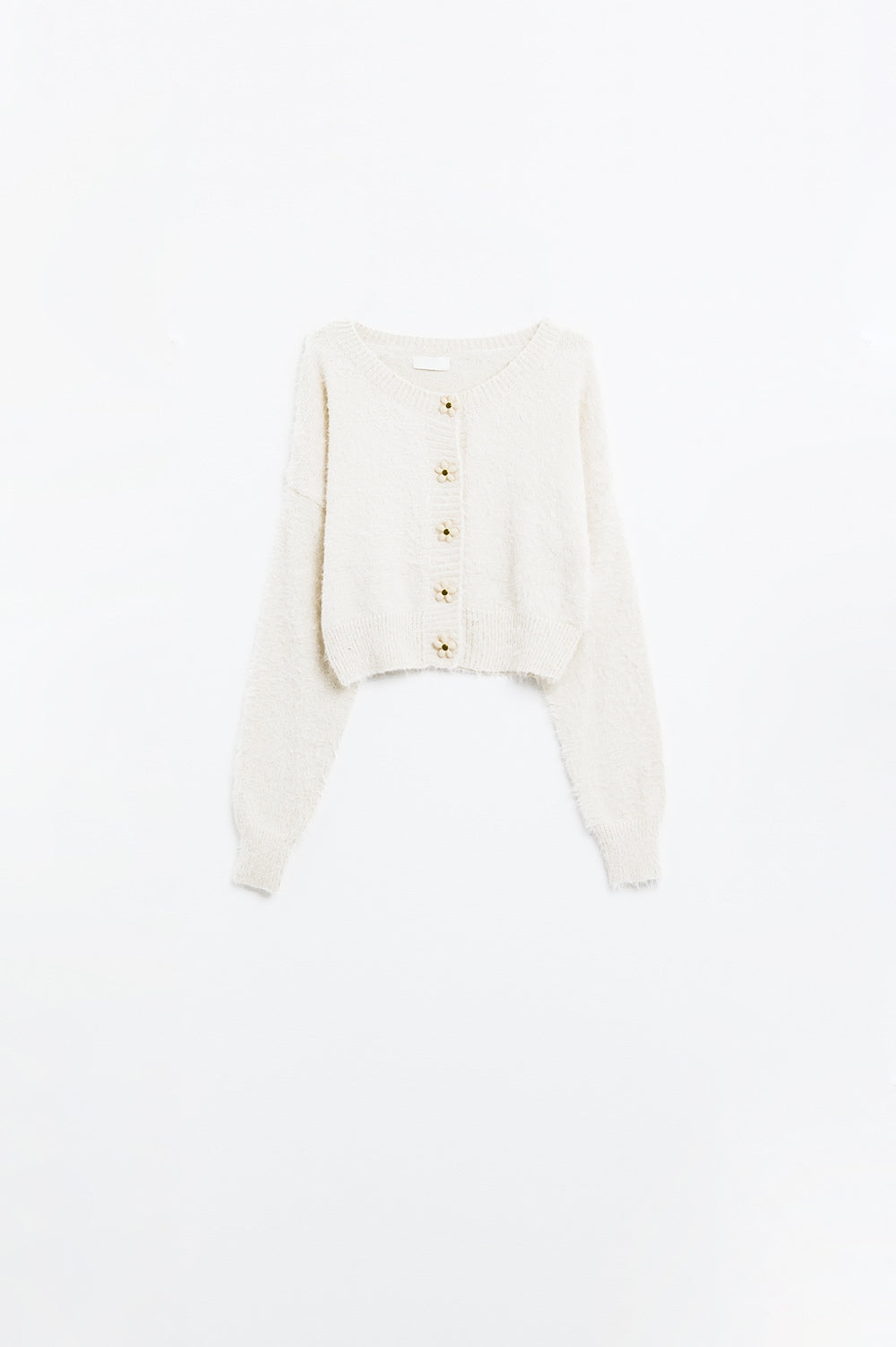 Short and fluffy cream cardigan with flower buttons