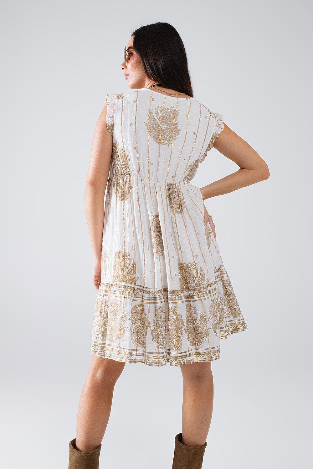 Short Babydoll Dress With Leaf Print And Lurex Thread in White
