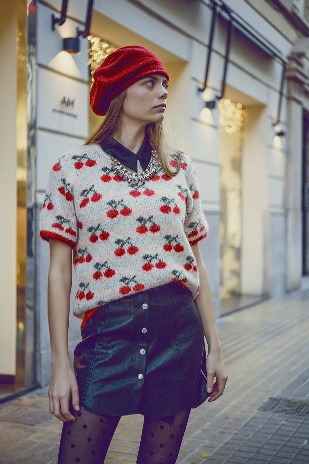 short sleeve ecru sweater with cherry print
