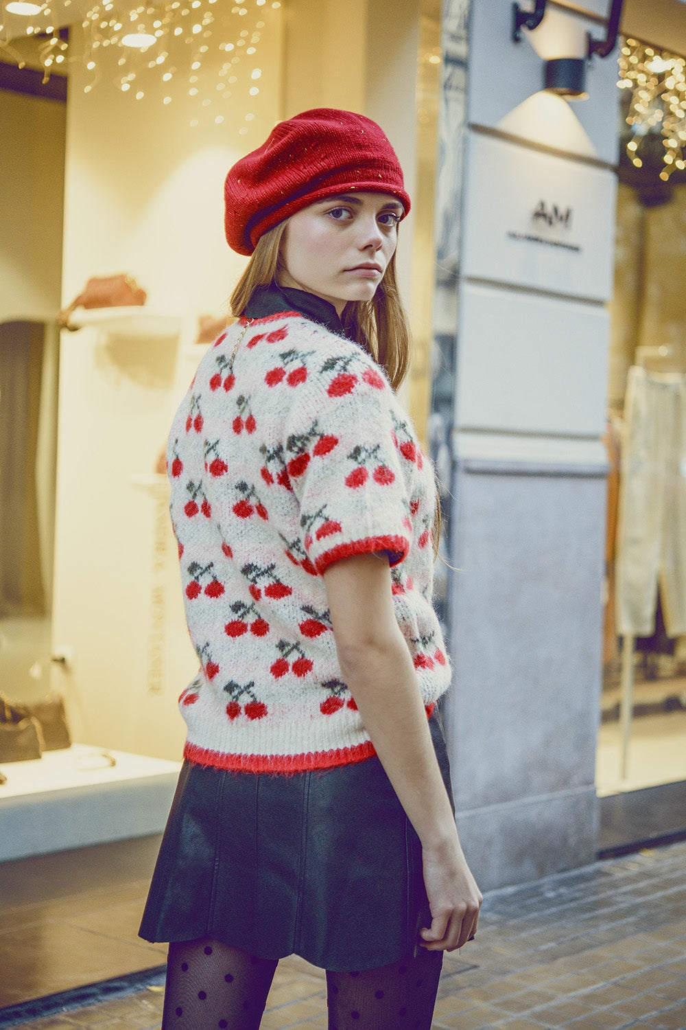 short sleeve ecru sweater with cherry print