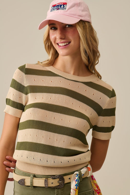 Q2 Short Sleeve Striped Pointelle Knit Sweater in Green
