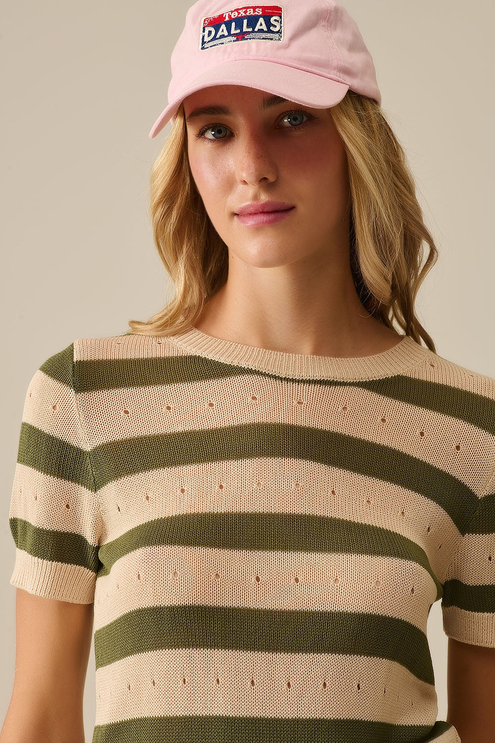 Short Sleeve Striped Pointelle Knit Sweater in Green