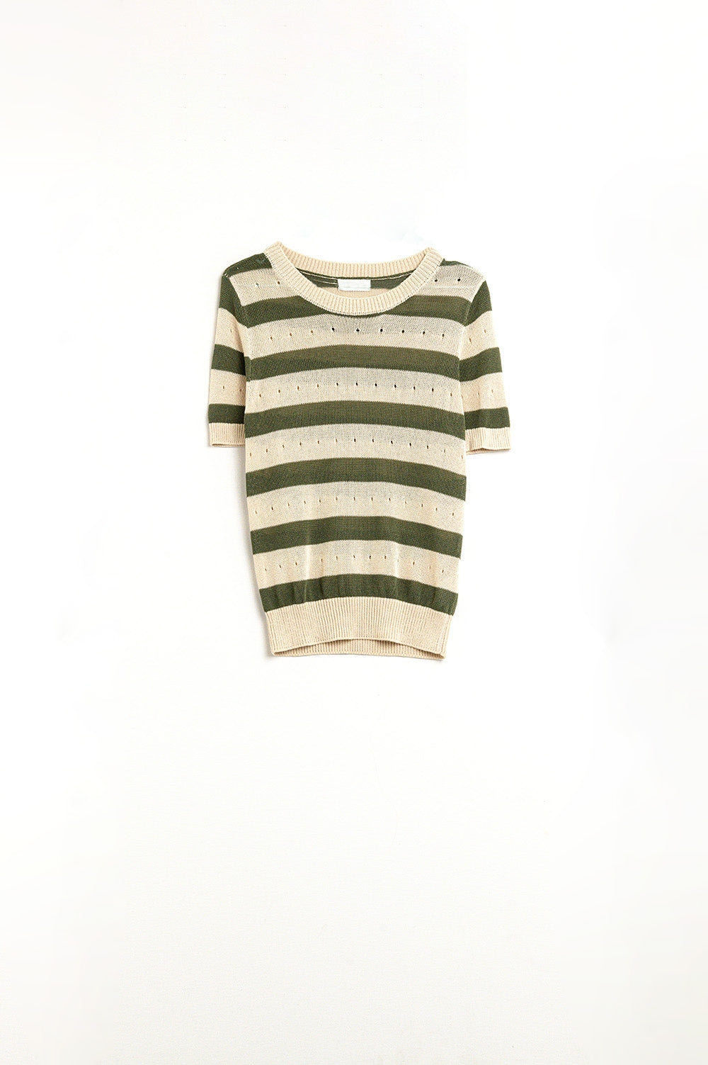 Short Sleeve Striped Pointelle Knit Sweater in Green