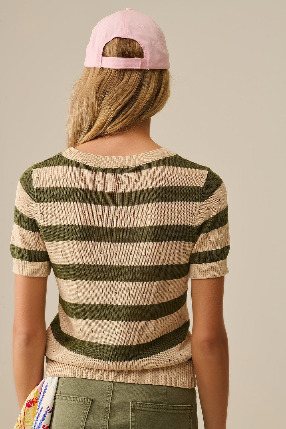 Short Sleeve Striped Pointelle Knit Sweater in Green