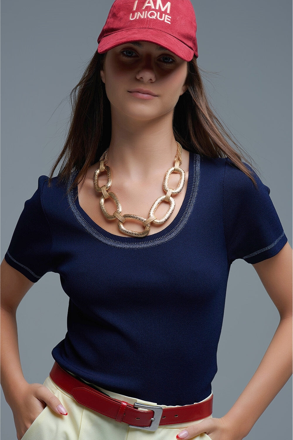 Short Sleeve sweater In navy With Silver Seam at Round Neck