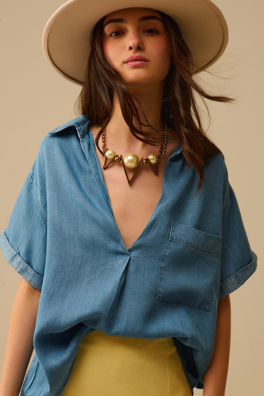 Q2 Short Sleeve Tencel Shirt With Chest Pocket in Blue