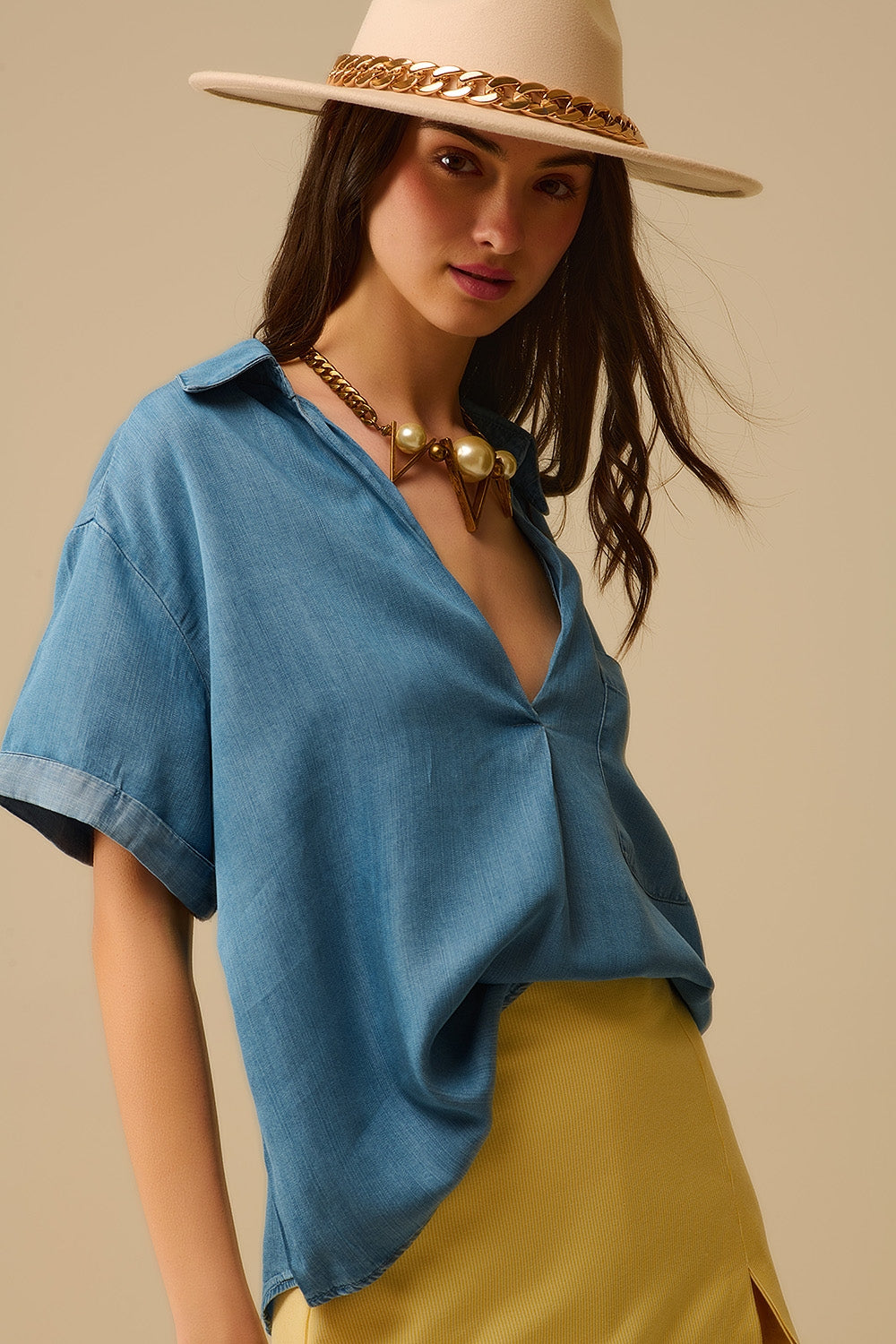 Short Sleeve Tencel Shirt With Chest Pocket in Blue