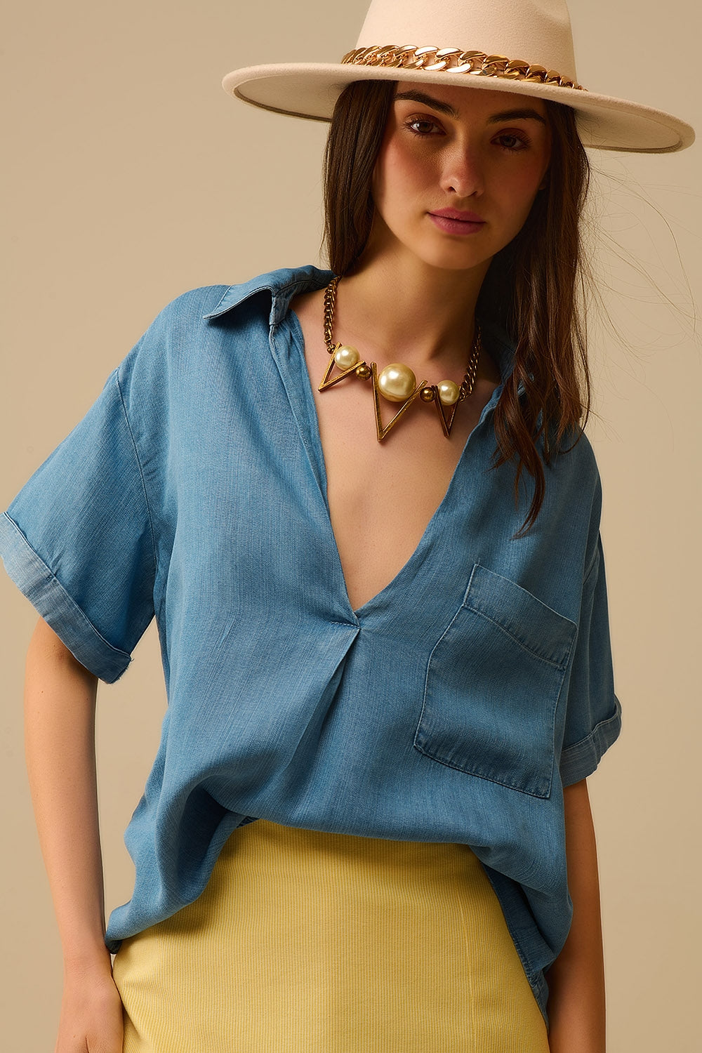 Short Sleeve Tencel Shirt With Chest Pocket in Blue