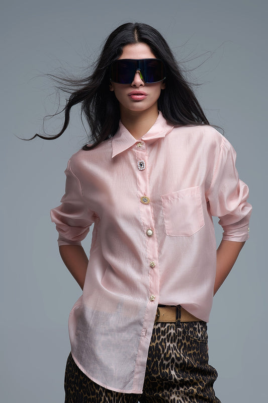 Q2 Silky Loose Shirt With Button Medley in Pink