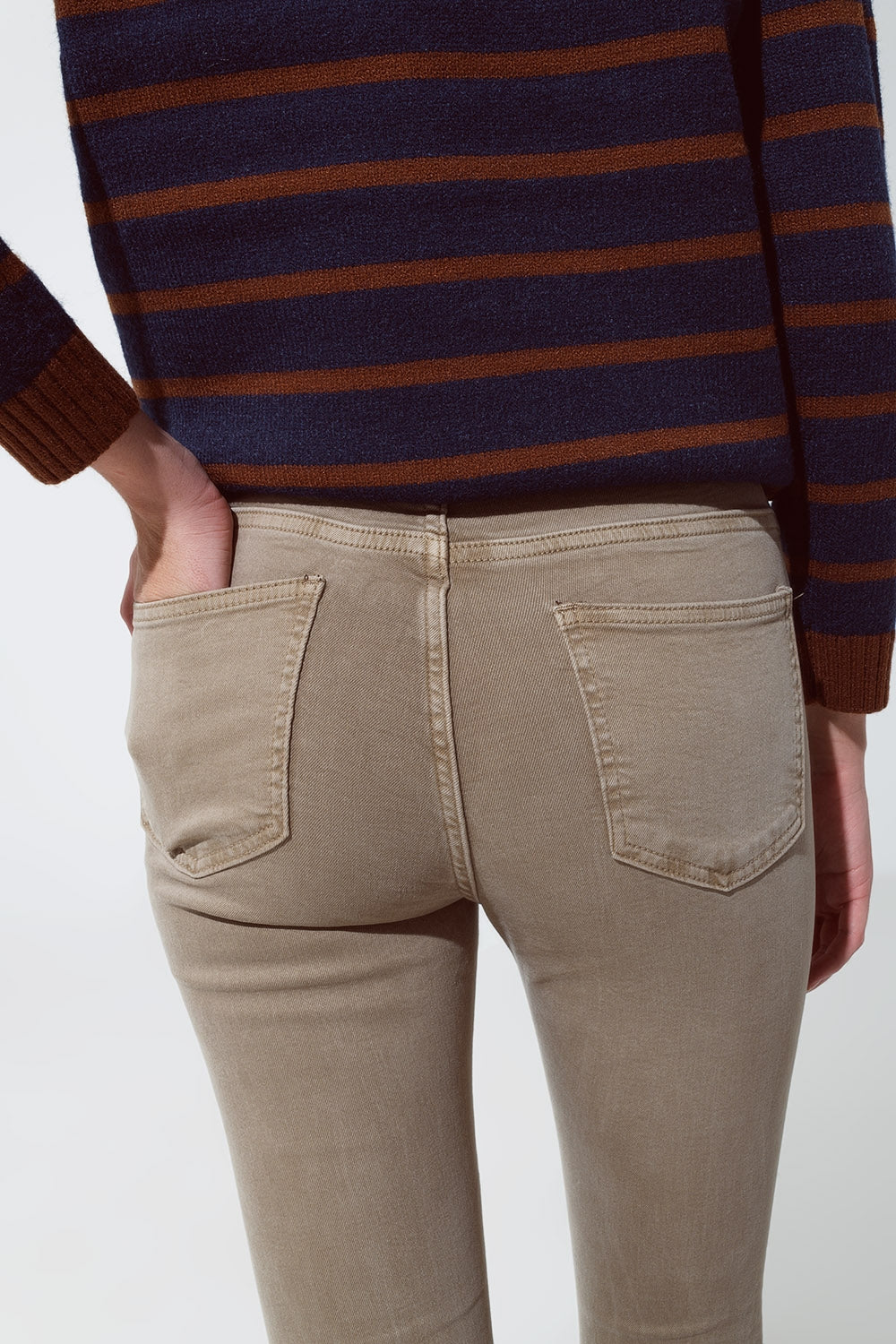 Skinny Flared Jeans With Double Button Detail in Beige