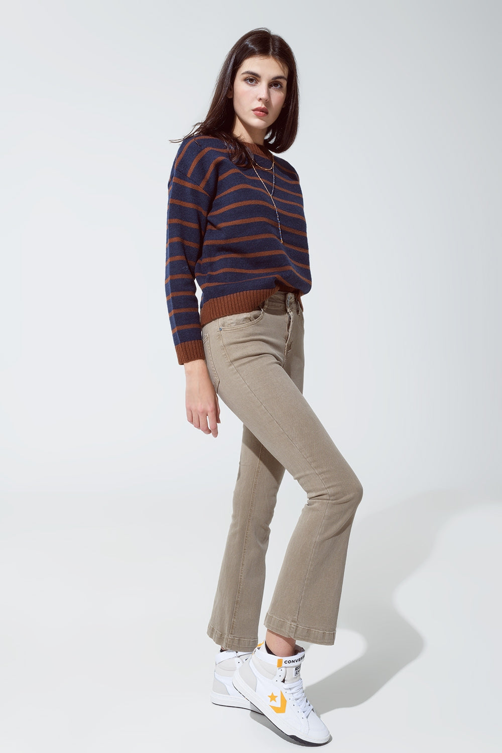 Skinny Flared Jeans With Double Button Detail in Beige