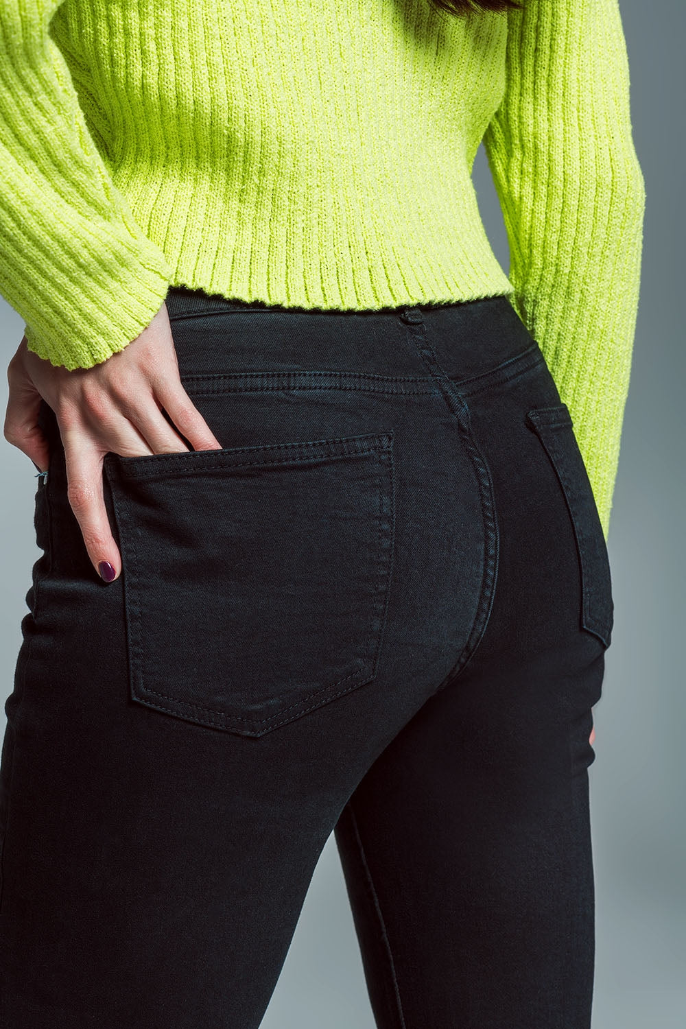 Skinny Flared Jeans With Double Button Detail in Black