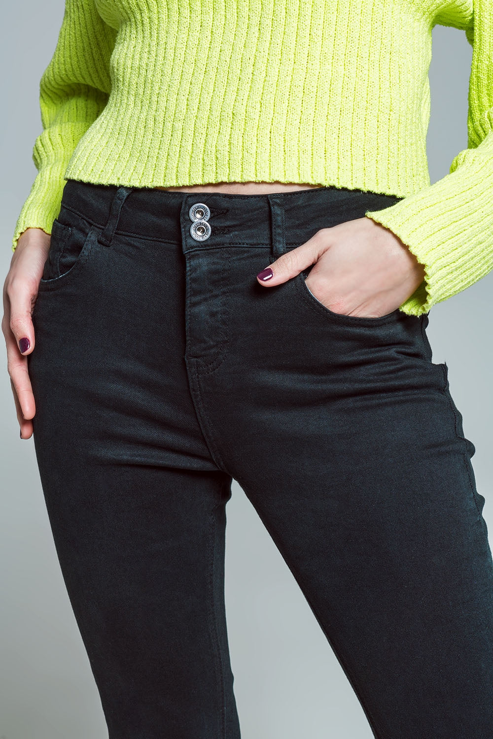 Skinny Flared Jeans With Double Button Detail in Black