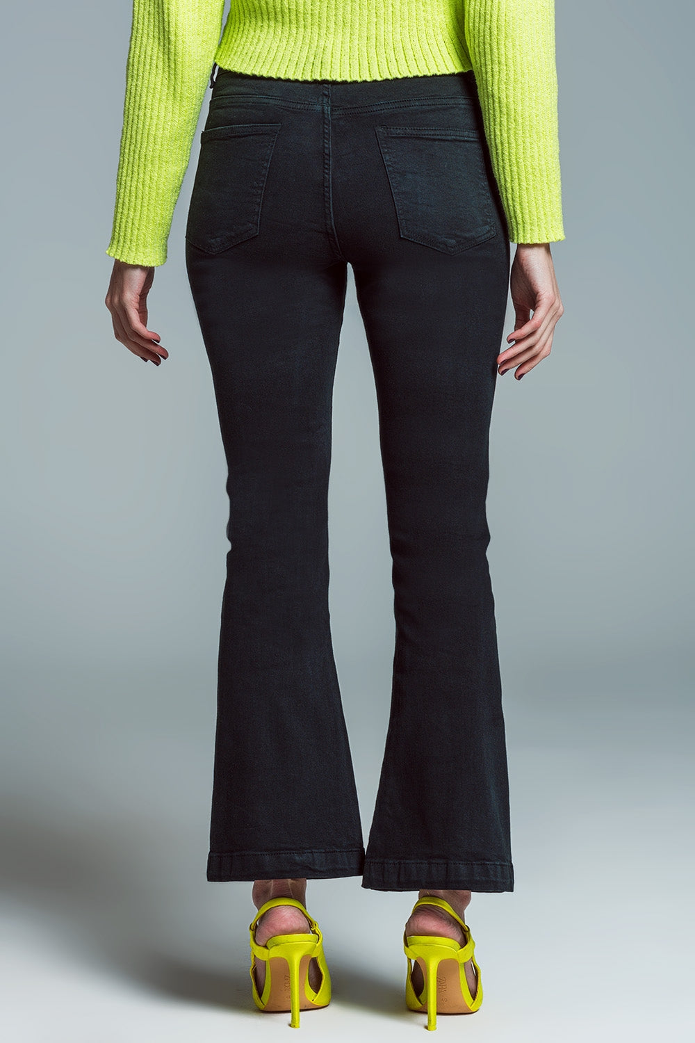 Skinny Flared Jeans With Double Button Detail in Black