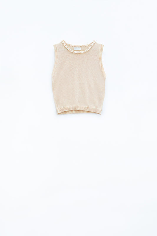 Q2 Sleeveless beige Sweater With Crew Neckline And Braid Detail At Neckline