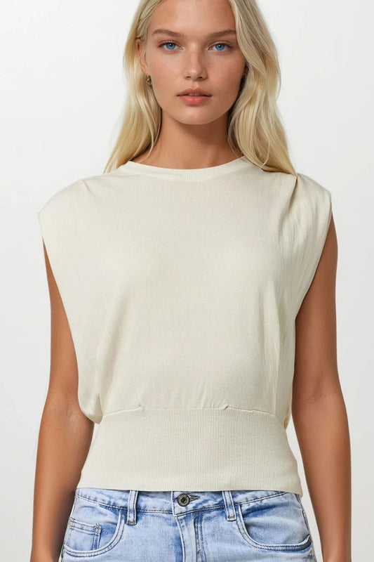 Q2 Sleeveless Knited Top With Shoulder Drape in Beige