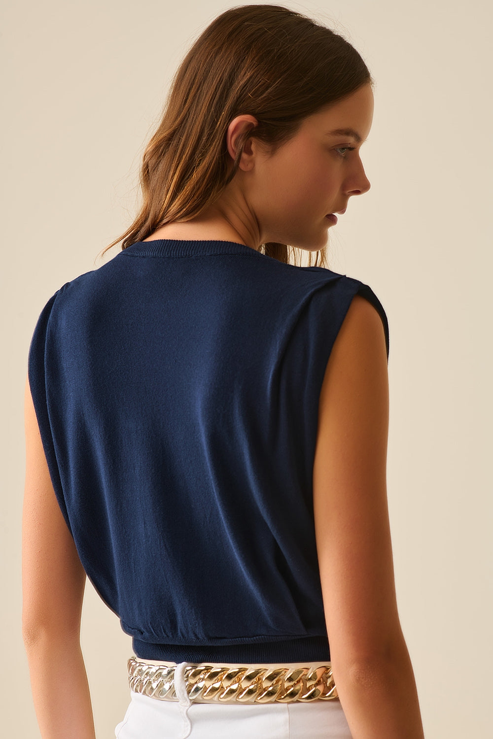Sleeveless Knited Top With Shoulder Drape in Navy