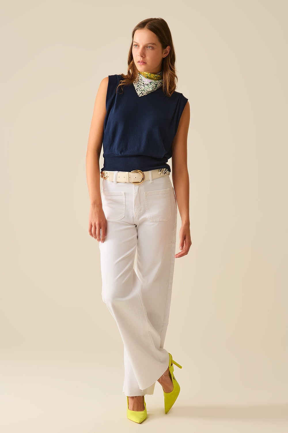 Sleeveless Knited Top With Shoulder Drape in Navy