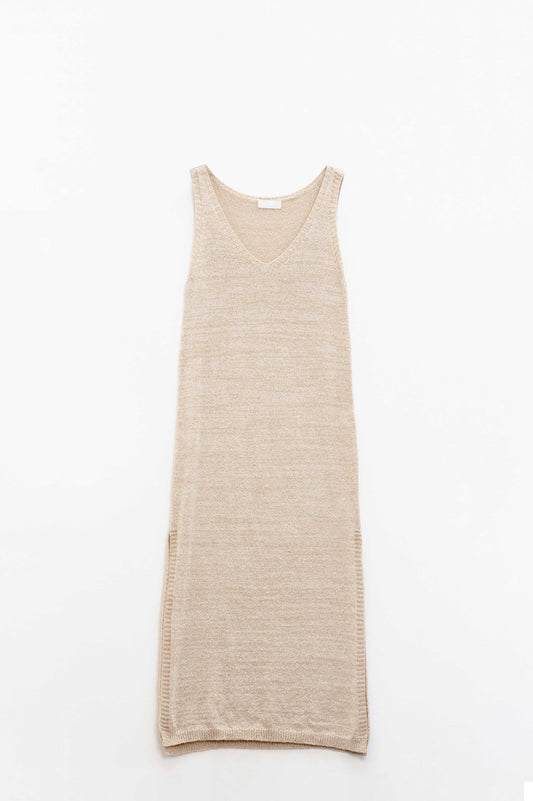 Q2 Sleeveless Maxi Beige Dress With Side Slit