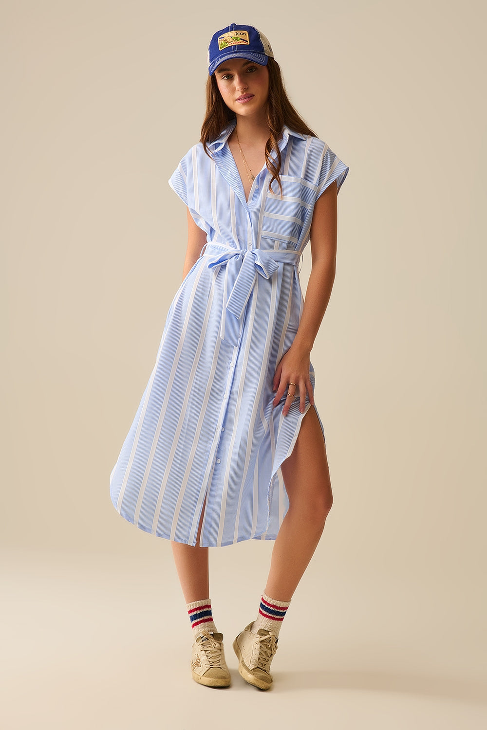 Sleeveless maxi Shirt Dress in Blue and White Stripes – Secrets of Fashion