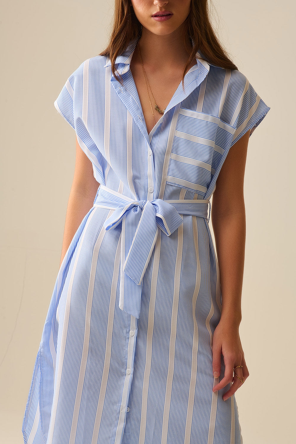 Sleeveless maxi Shirt Dress in Blue and White Stripes