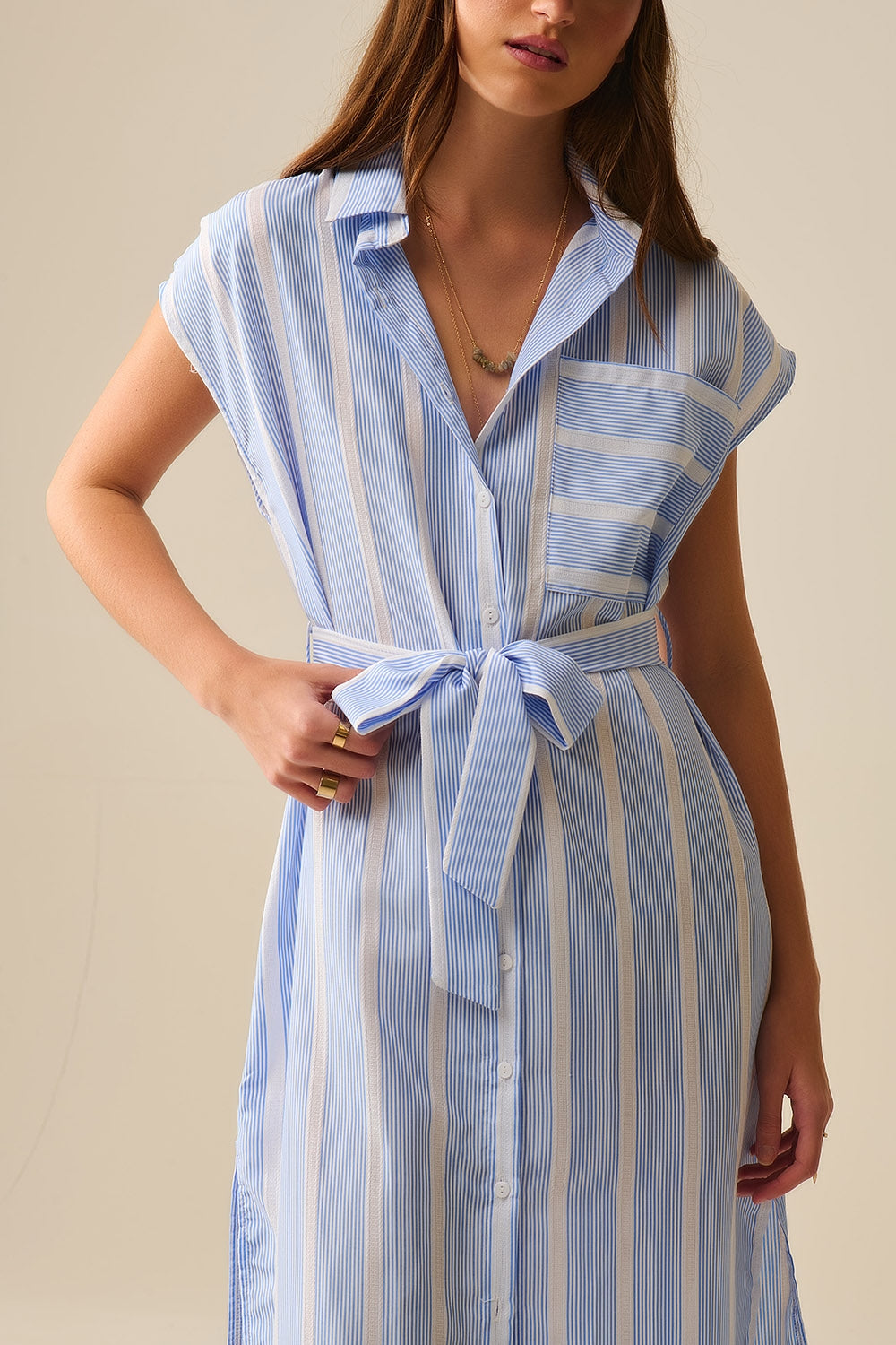 Sleeveless maxi Shirt Dress in Blue and White Stripes