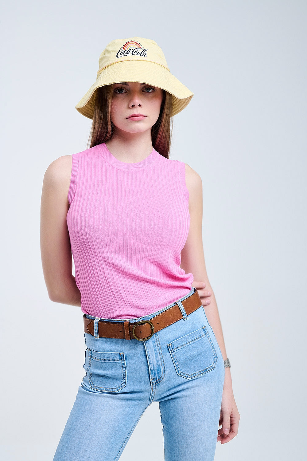 Sleeveless Ribbed knitted Top In Pink