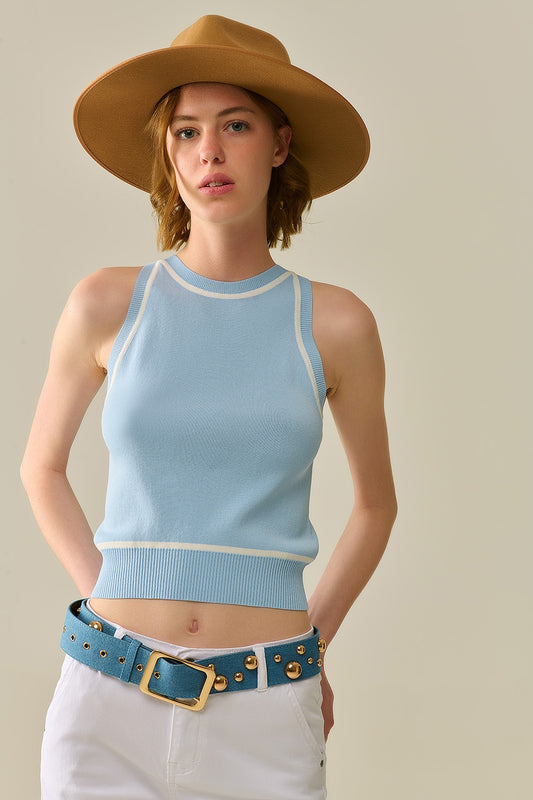 Q2 Sleeveless Sweater In Blue Featuring White Lines detail