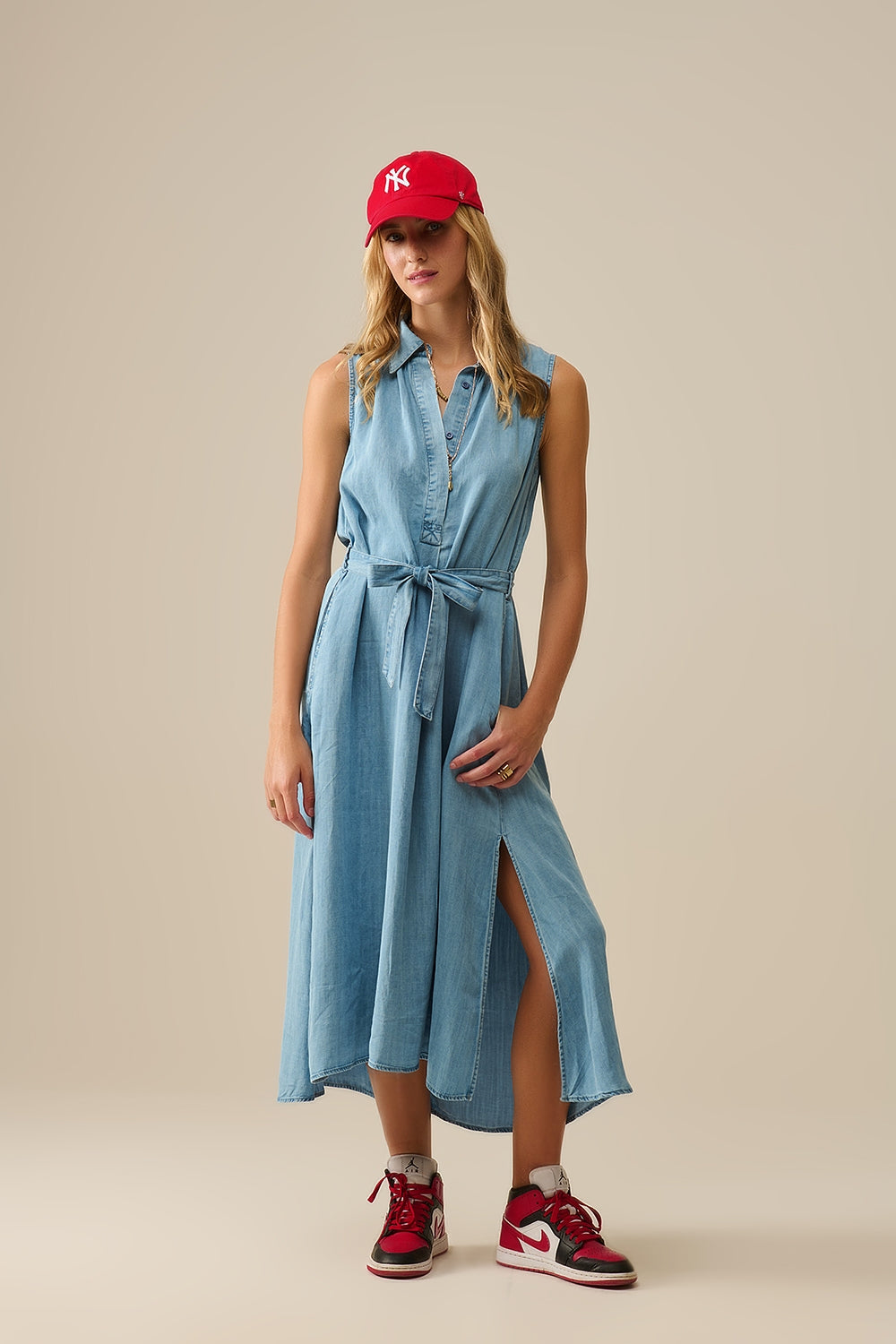 Sleeveless tencel fabric shirt dress in Blue