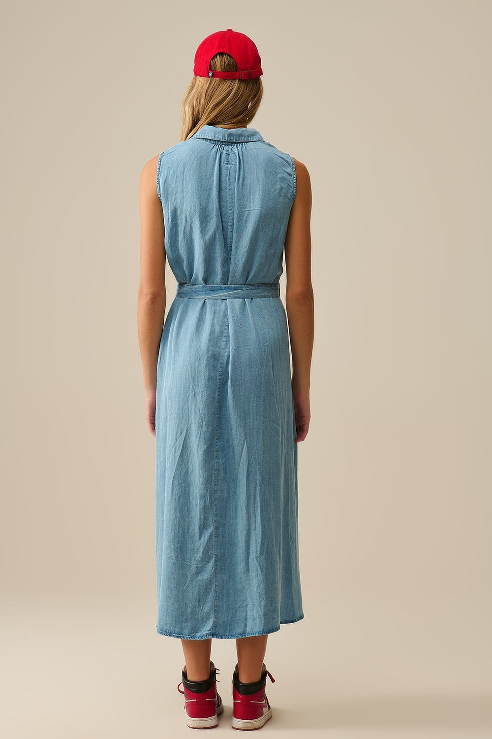 Sleeveless tencel fabric shirt dress in Blue