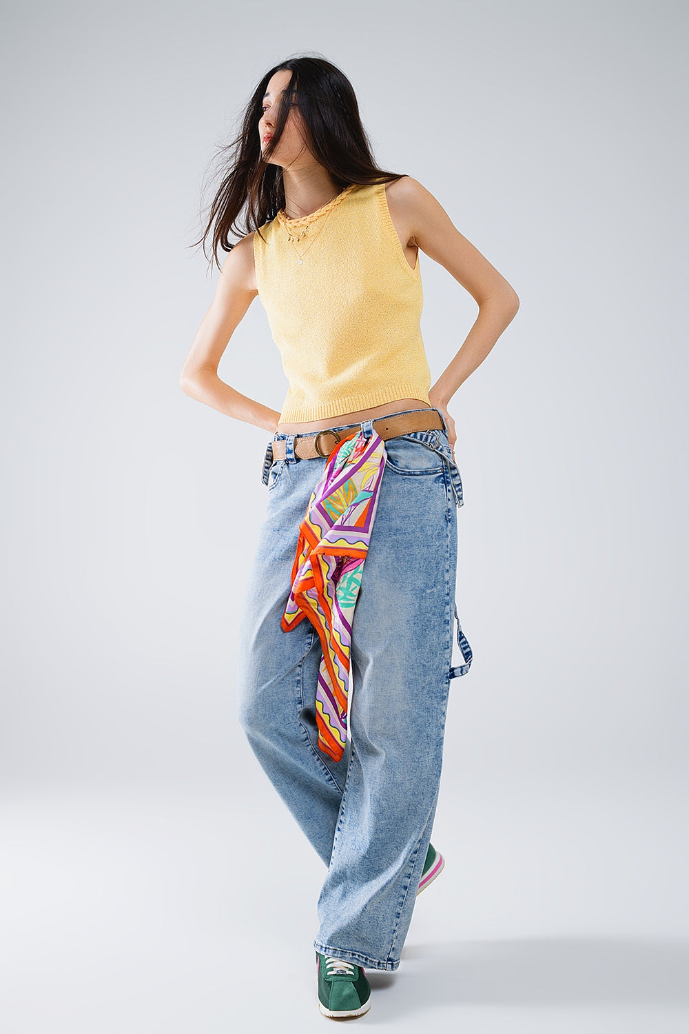 Sleeveless Yellow Sweater With Crew Neckline And Braid Detail At Neckline