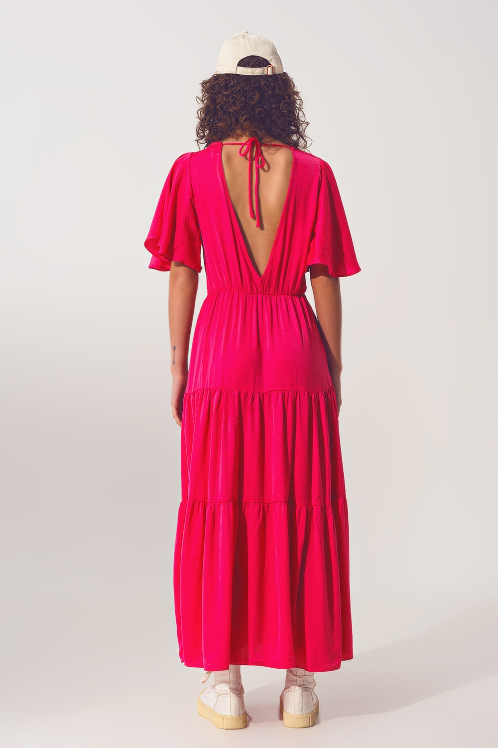 Smock V Neck Maxi Dress in fucsia
