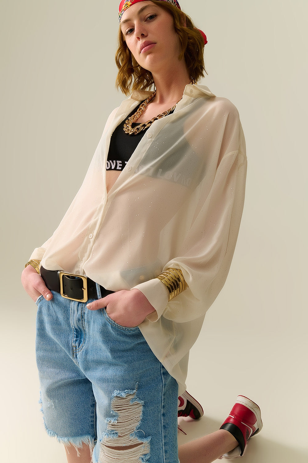 Q2 Soft beige chiffon blouse with glitter detail