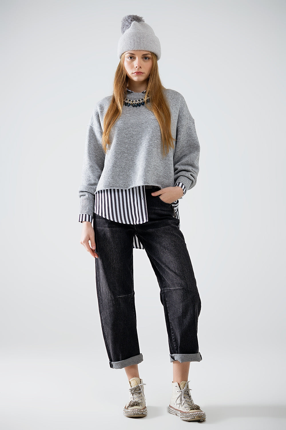 Soft knit grey jumper with balloon sleeves