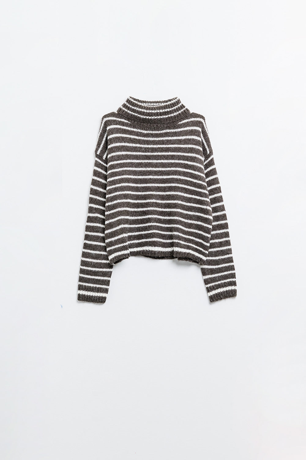soft knit striped turtleneck sweater in brown